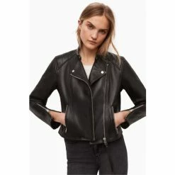 All Saints AllSaints Black Neve Tab Neck Biker Jacket